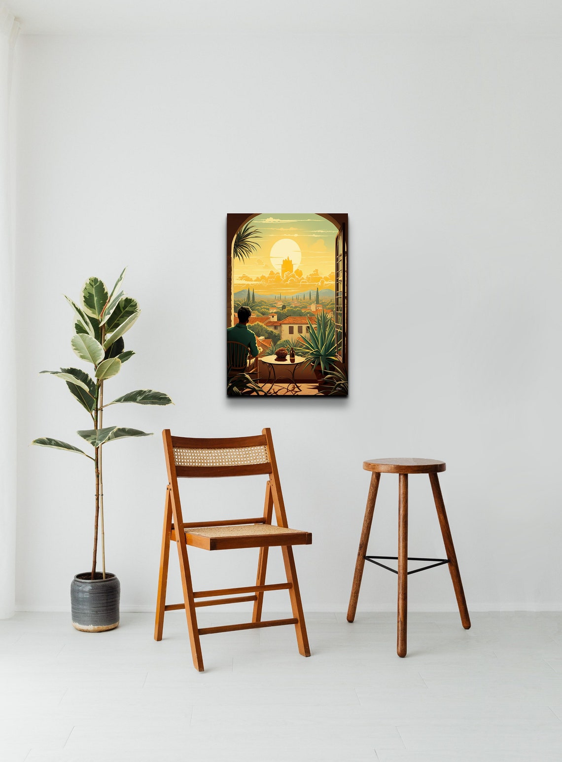 Sunlit Balcony Overlooking Mediterranean Old Town Scene Poster - Image 4