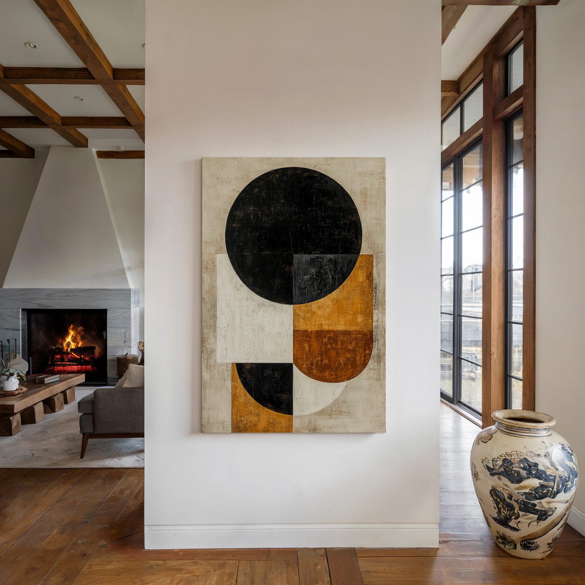 Modern Abstract Geometric Minimalist Black White Ochre Wall Art Contemporary Home Office Decor