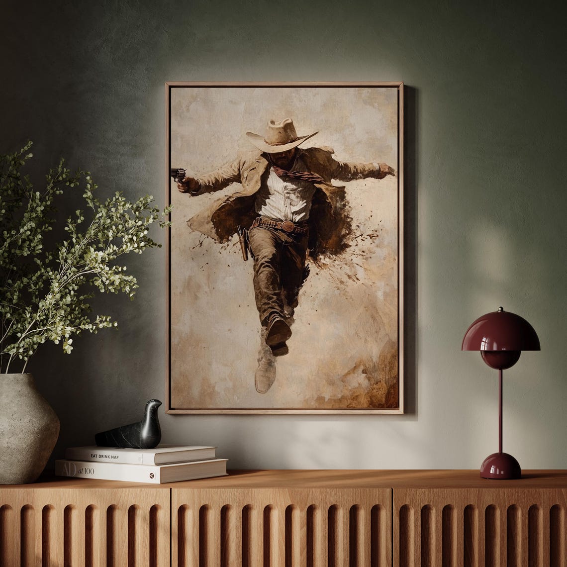 Dynamic Gunfighter Cowboy Leaping Mid Air With Revolver Sepia Poster - Image 5