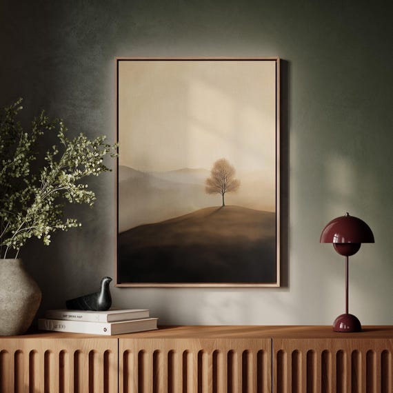 Lone Tree Canvas Wall Art Neutral Sepia Landscape With Soft Mountains Minimalist Nature Decor For Boho Or Modern Home