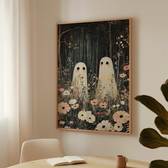 Whimsical Ghosts In Dark Floral Forest Vintage Halloween Cottagecore Print