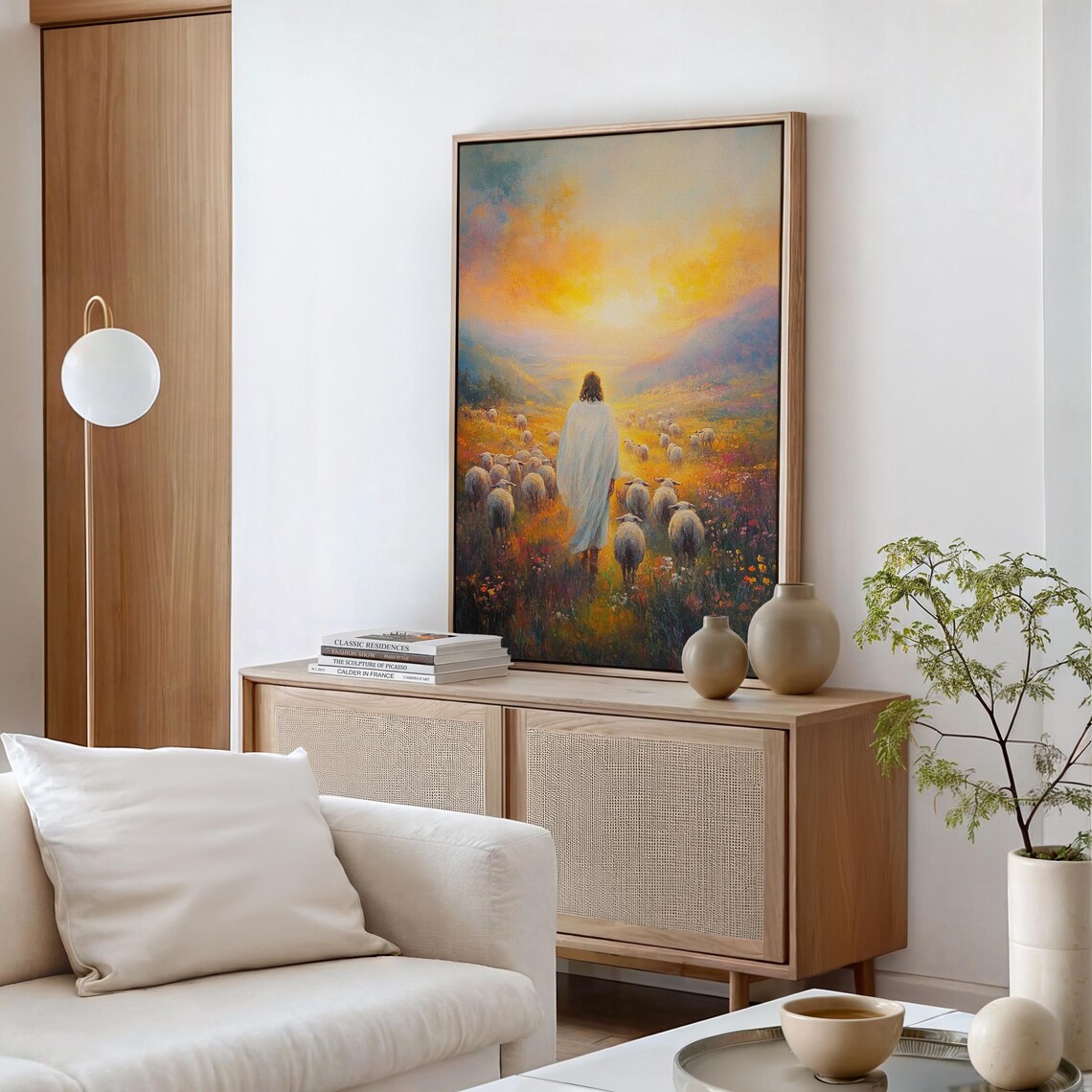 Jesus Walking With His Sheep Flock Through a Golden Sunrise Meadow Poster - Image 5