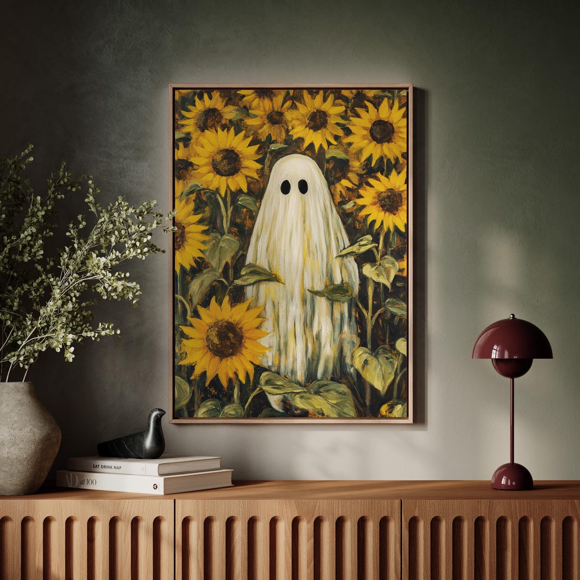 Whimsical Ghost In Sunflower Field Spooky Halloween Vintage Art Poster - Image 7