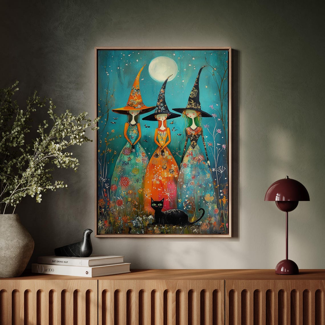 Whimsical Witch Trio Under Full Moon Floral Dresses Halloween Poster - Image 5