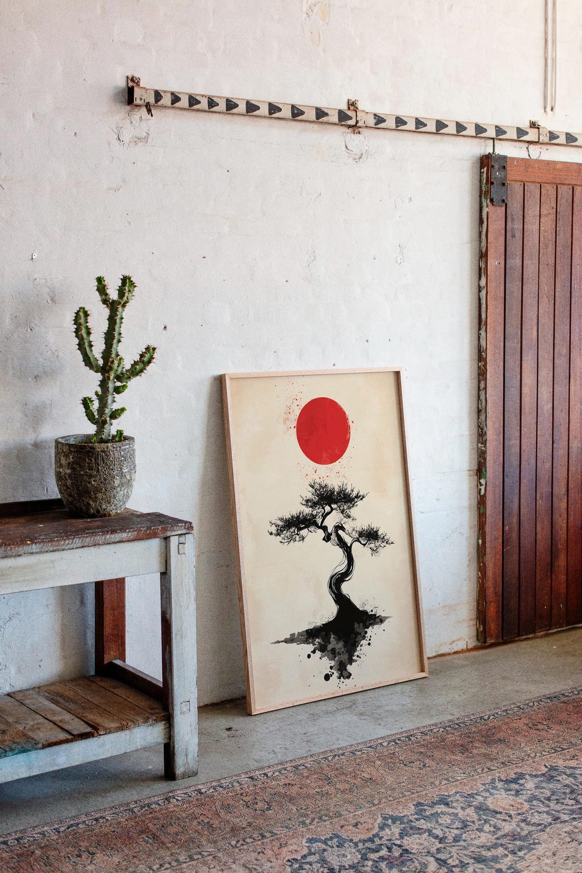 Japanese Bonsai Ink Tree With Red Sun Minimalist Sumi E Poster - Image 3