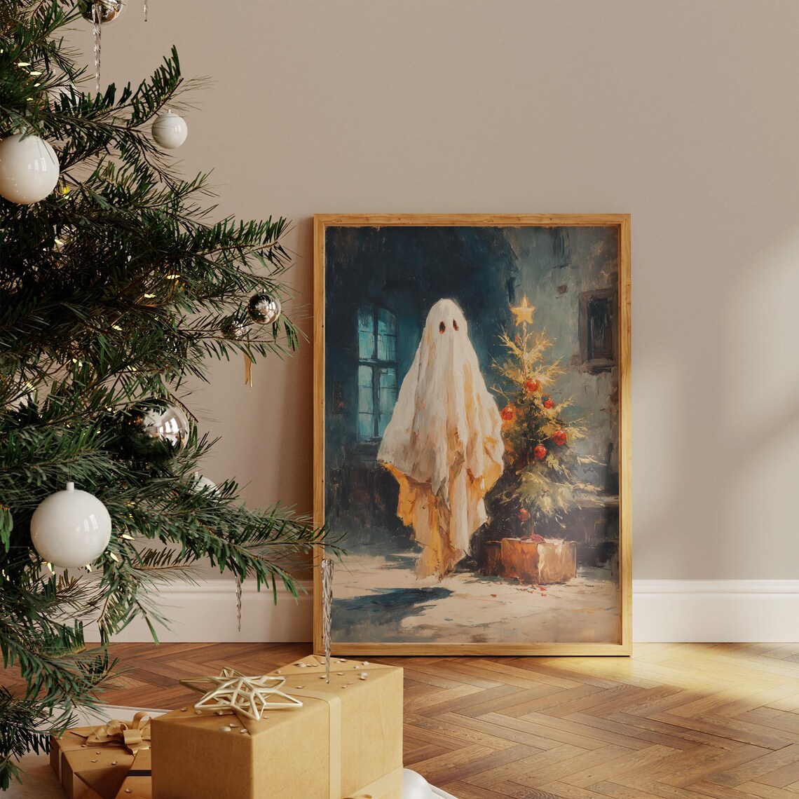 Cute Ghost With Christmas Tree Spooky Cute Holiday Painting Art Poster