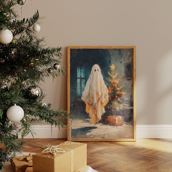 Cute Ghost With Christmas Tree Spooky Cute Holiday Painting Art Poster