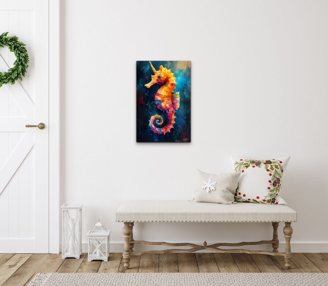 Colorful Mosaic Seahorse Orange Pink Dark Teal Ocean Art Poster - Image 4