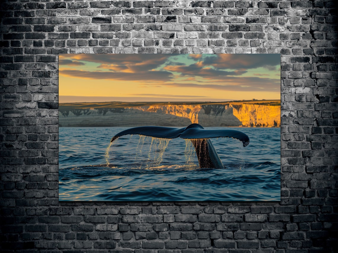 Whale Fluke Splashing at Golden Sunset Sea Cliffs Ocean Poster - Image 2