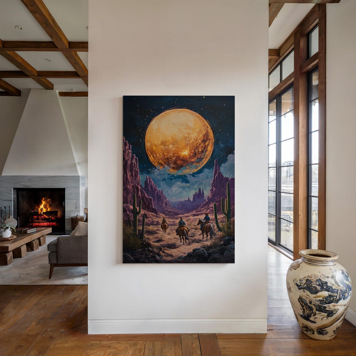 Western Desert Moonlit Wall Art Cowboys Under Starry Sky - Image 2