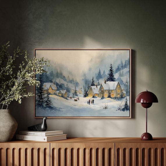 Snowy Village Cottages Winter Watercolor Landscape Painting Poster
