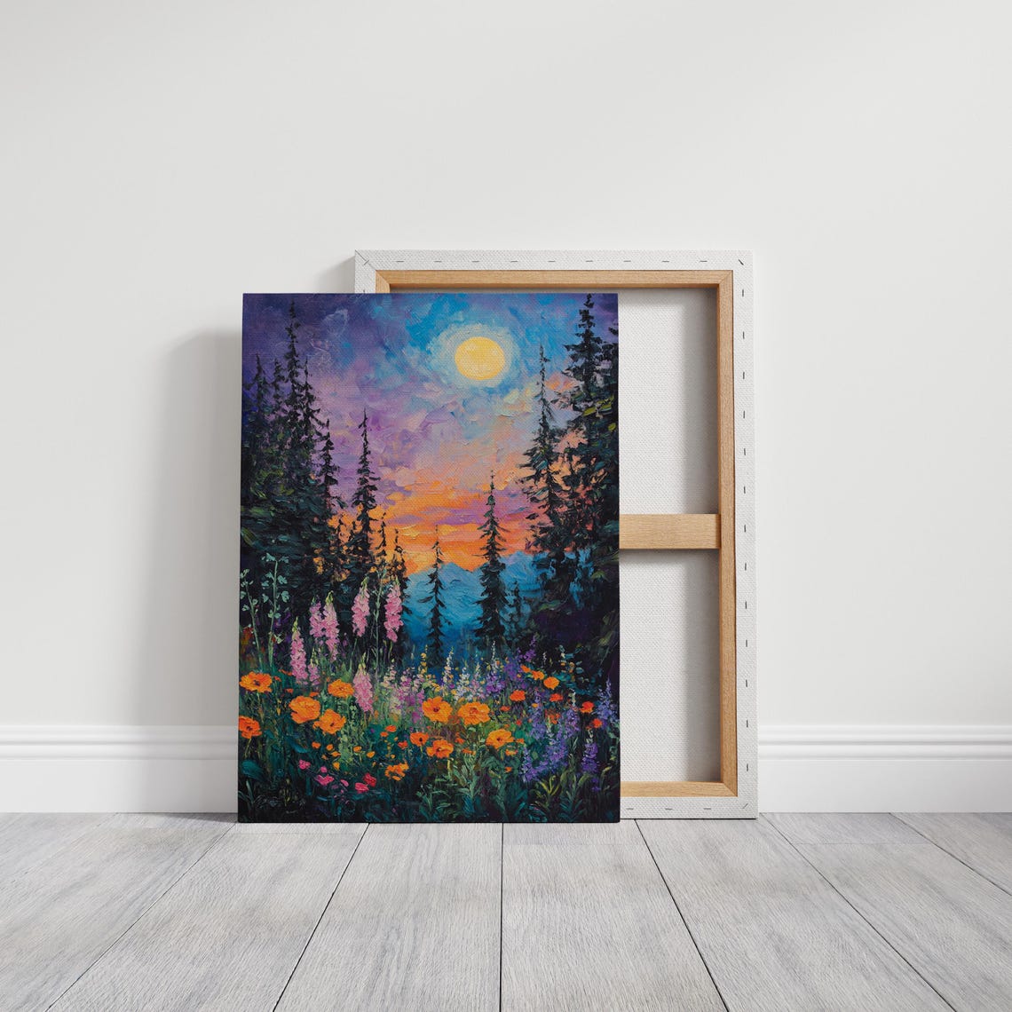 Full Moon Above Evergreen Forest And Colorful Wildflower Field Poster - Image 3