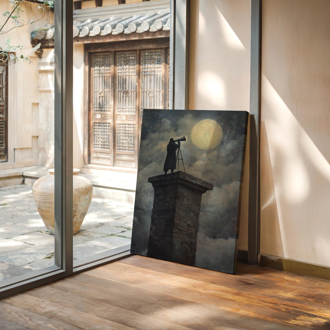Man Observing Full Moon, Dramatic Night Sky Art Print - Image 4