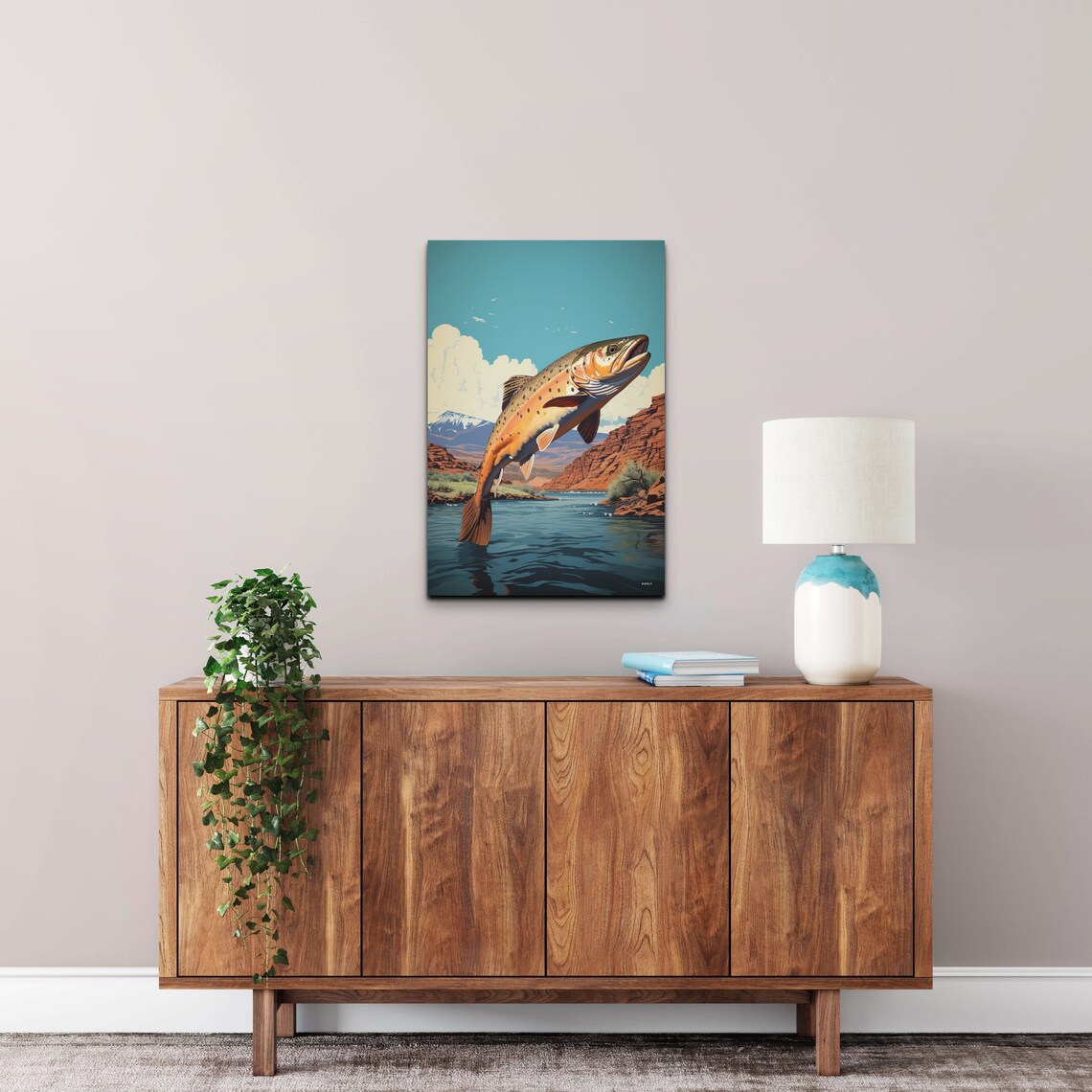 Leaping Brown Trout Over Canyon River Vintage Fishing Art Poster - Image 6
