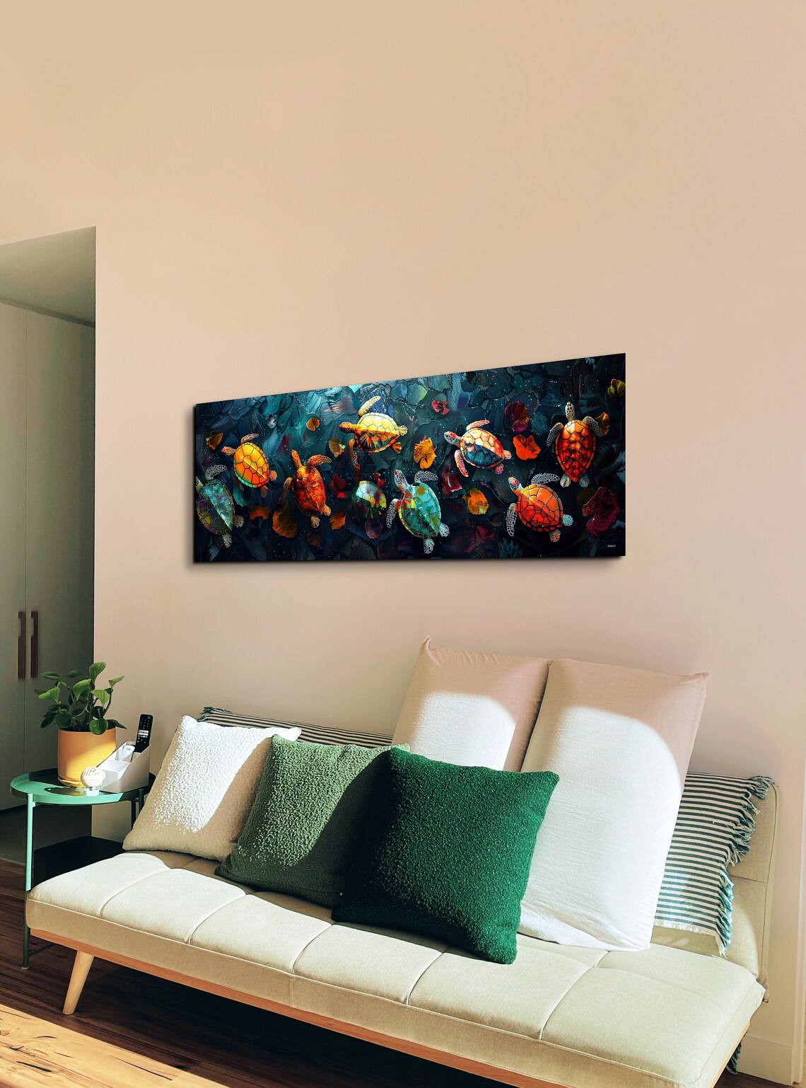 Colorful Painted Sea Turtles Top View Dark Ocean Water Poster - Image 4