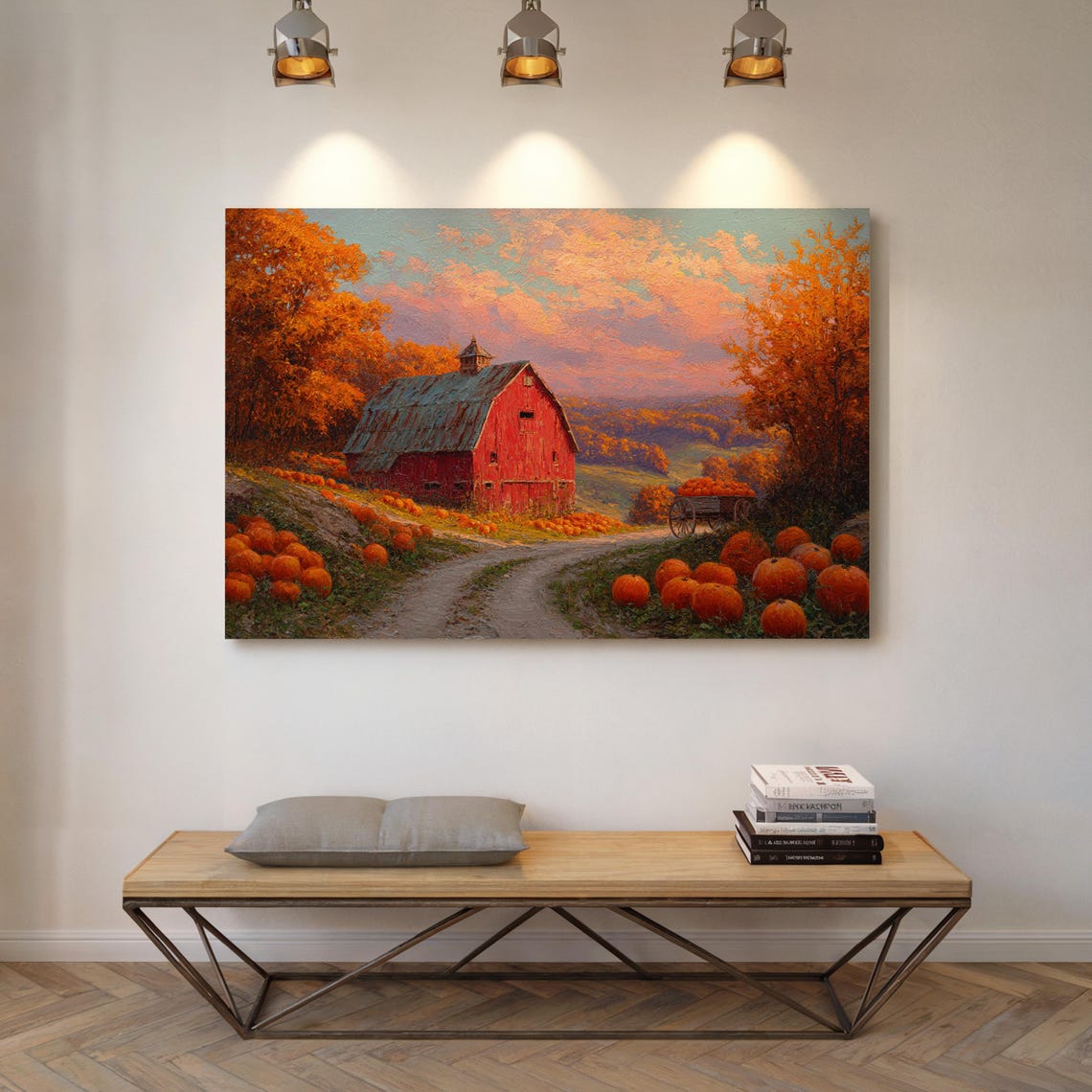 Autumn Pumpkin Farm Red Barn Sunset Harvest Landscape Poster
