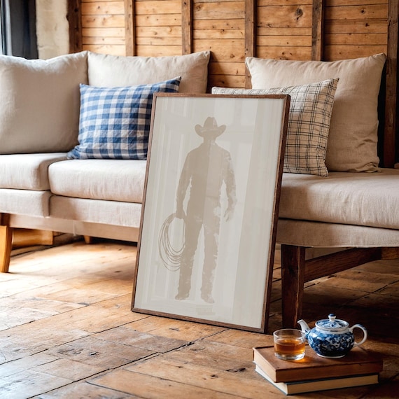 Cowboy Silhouette With Lasso Minimalist Beige Shadow Art Poster
