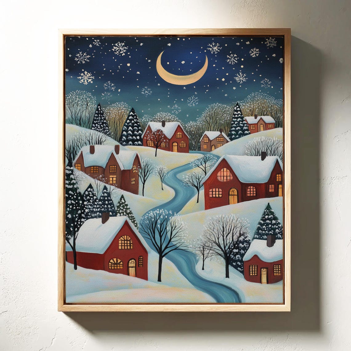 Cozy Snowy Village Winter Night Crescent Moon Starry Sky Poster - Image 7