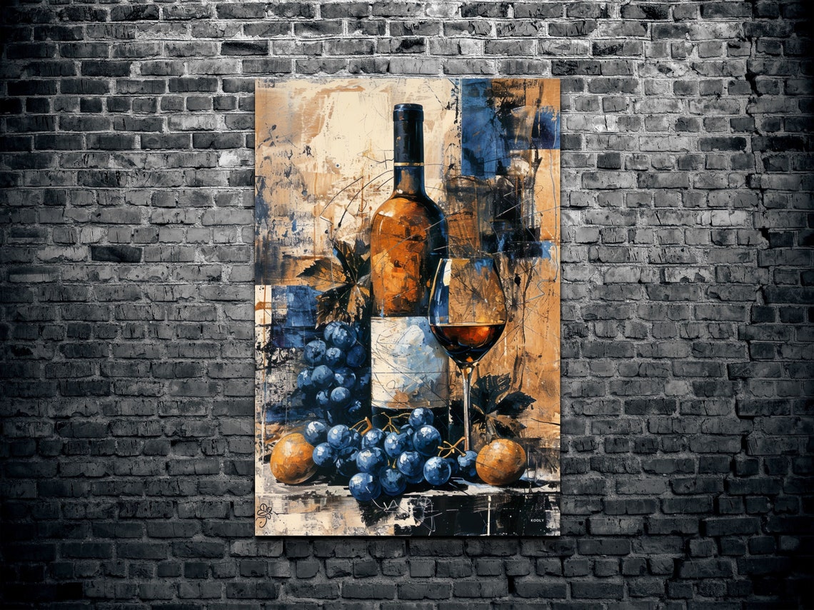 Amber Wine Bottle Grapes Glass Abstract Oil Still Life Poster - Image 6