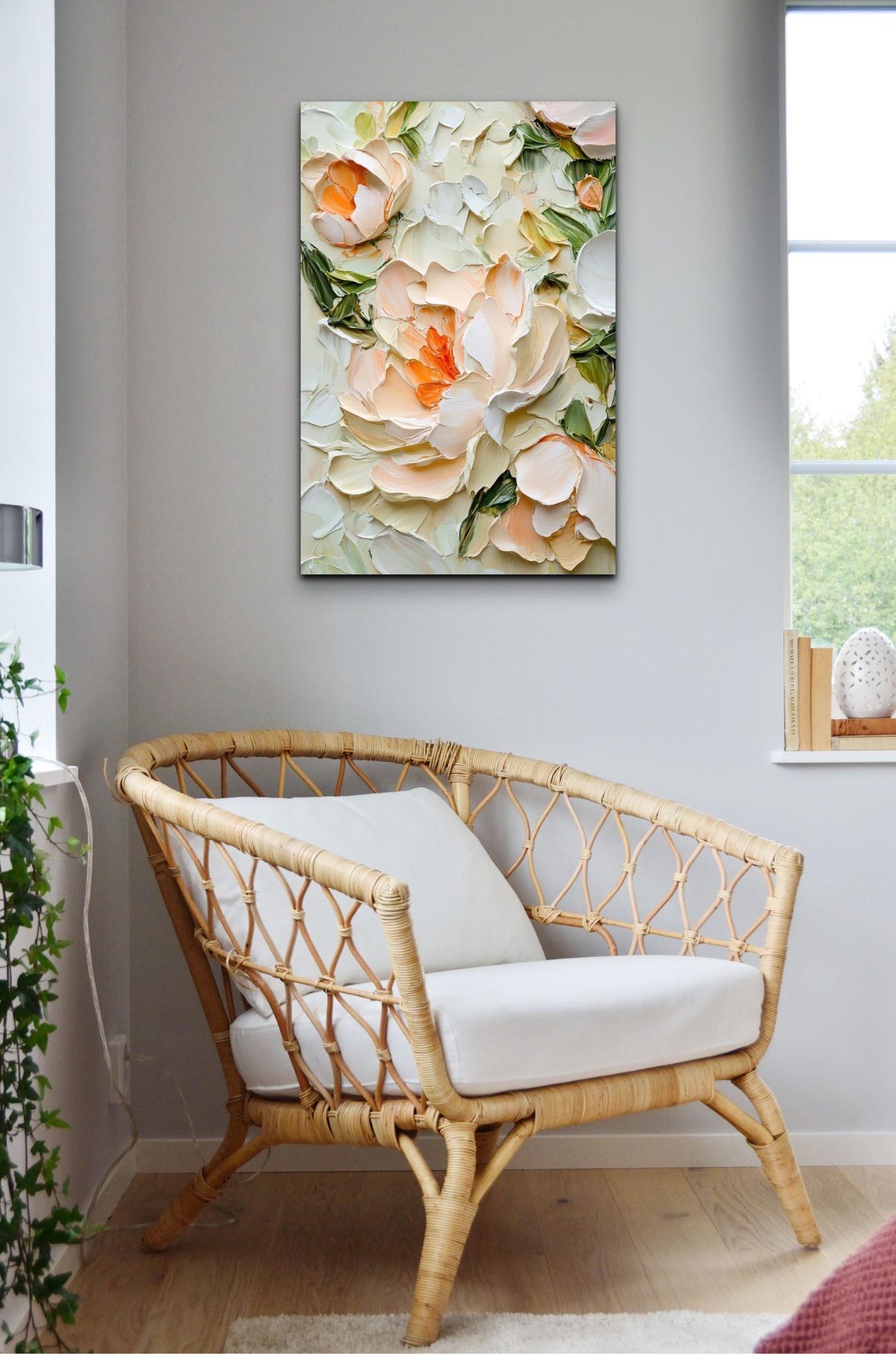 Cream Blush Delicate Peony Blooms Impasto Floral Vertical Art Poster - Image 3