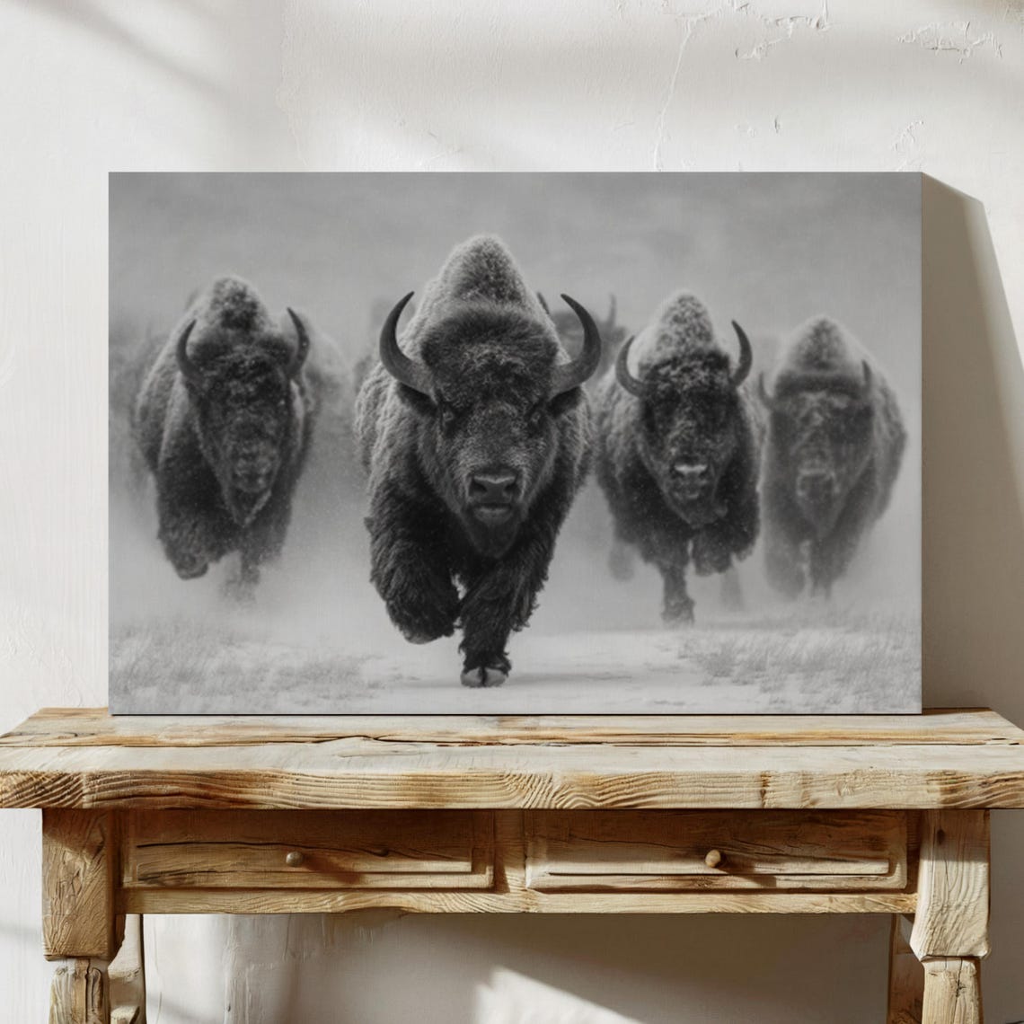 Charging Bison Herd Stampede Black and White Wildlife Poster
