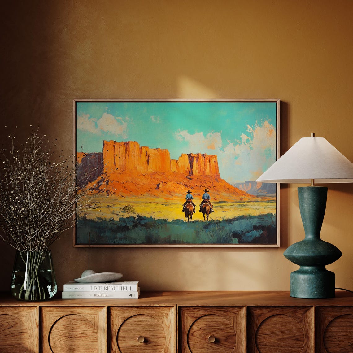 Cowboys on Horseback Riding Across Desert Toward Red Mesas Poster - Image 4