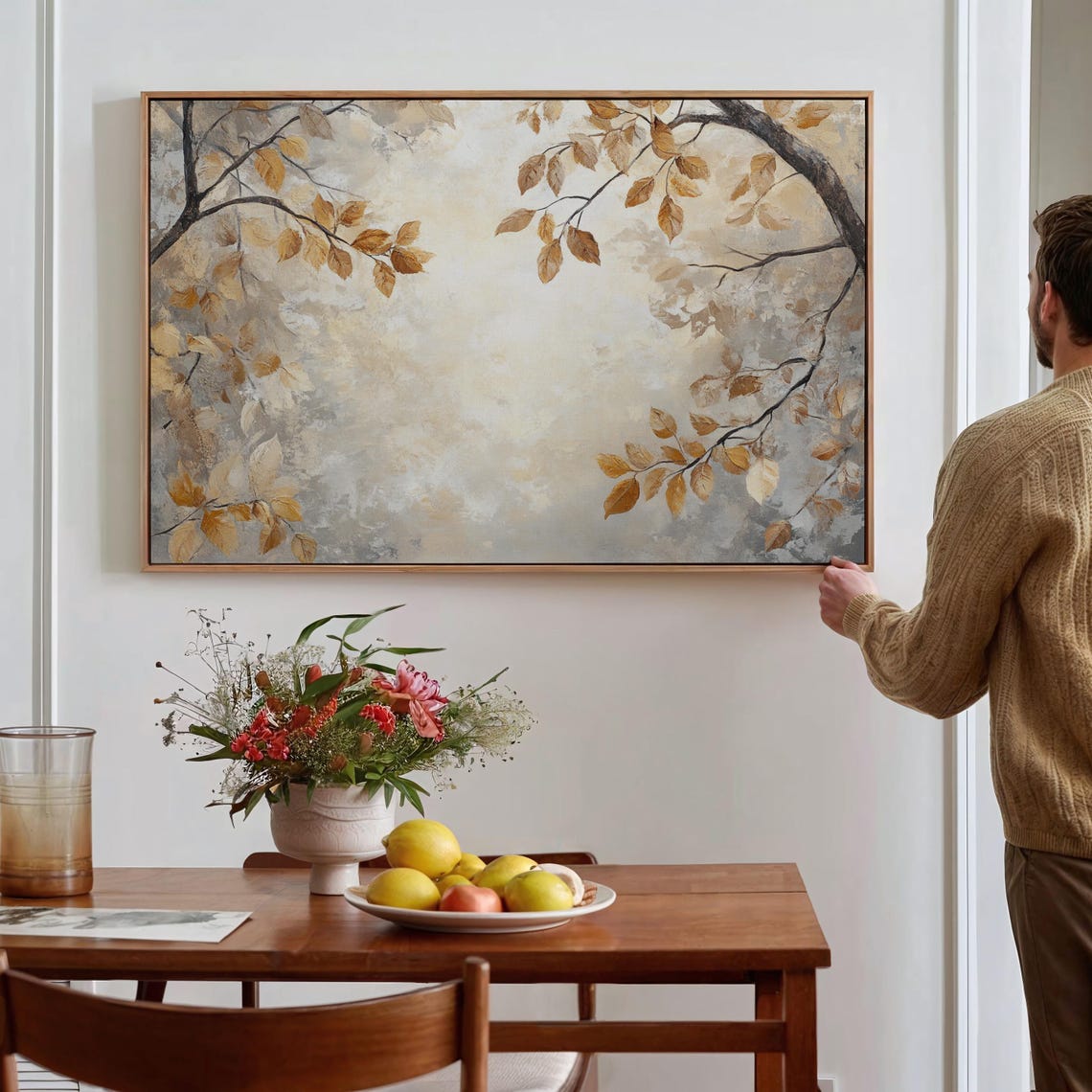 Neutral Botanical Autumn Branches Golden Leaves Minimalist Poster
