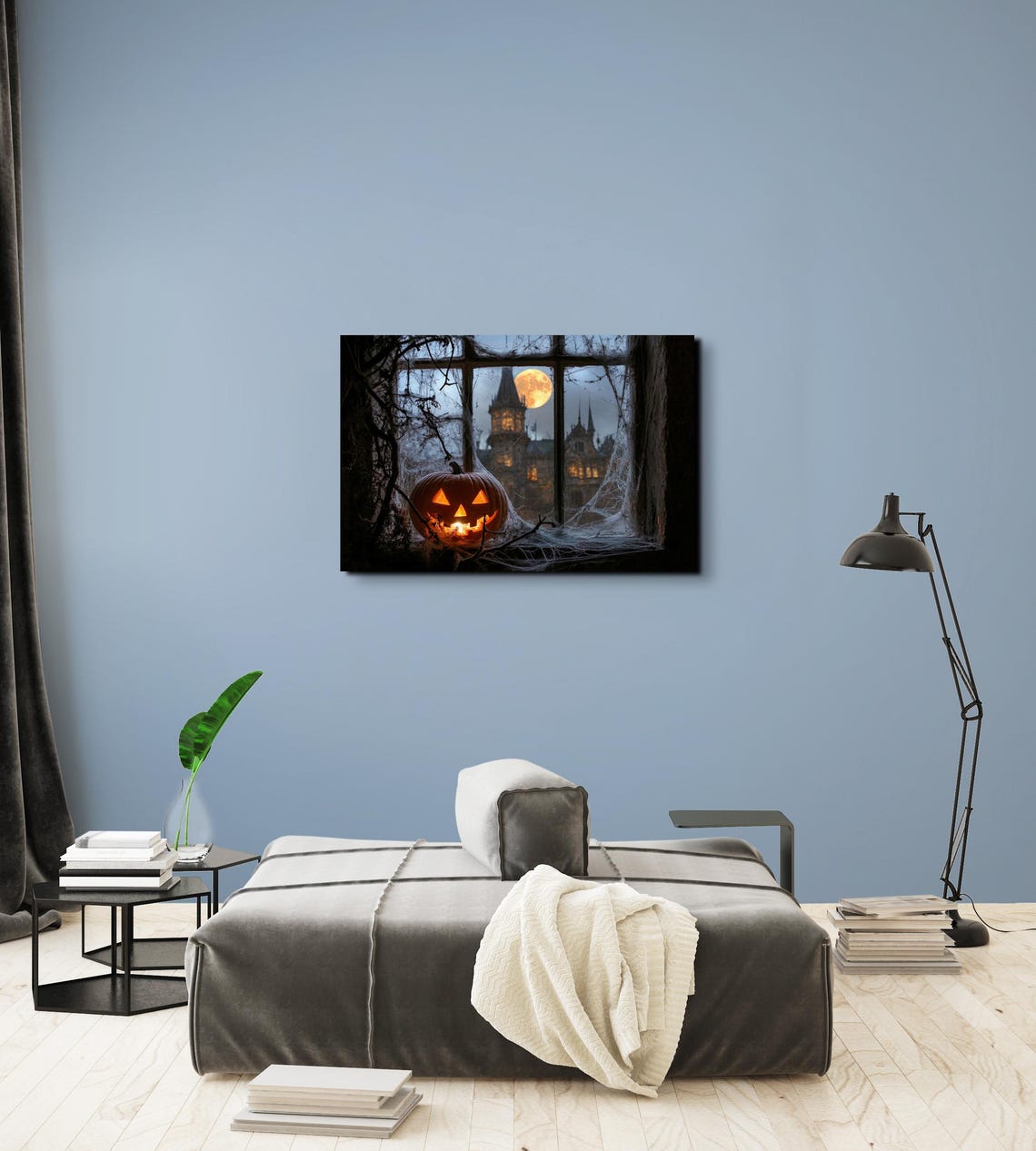Glowing Pumpkin on Old Window Ledge With Moonlit Castle Beyond Poster - Image 7