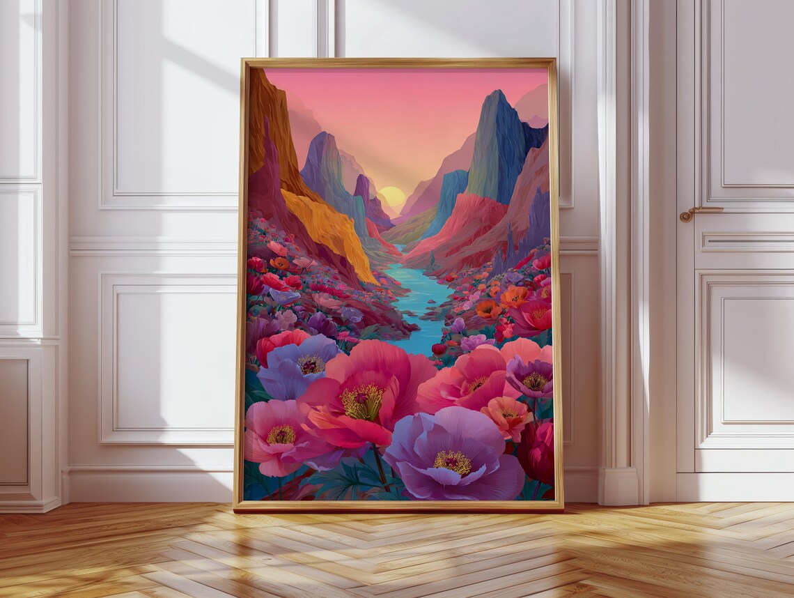 Colorful Canyon Sunset Vibrant Mountain River Floral Landscape Print