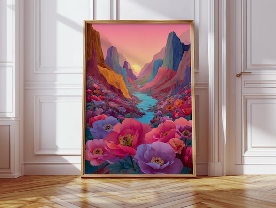 Colorful Canyon Sunset Vibrant Mountain River Floral Landscape Print
