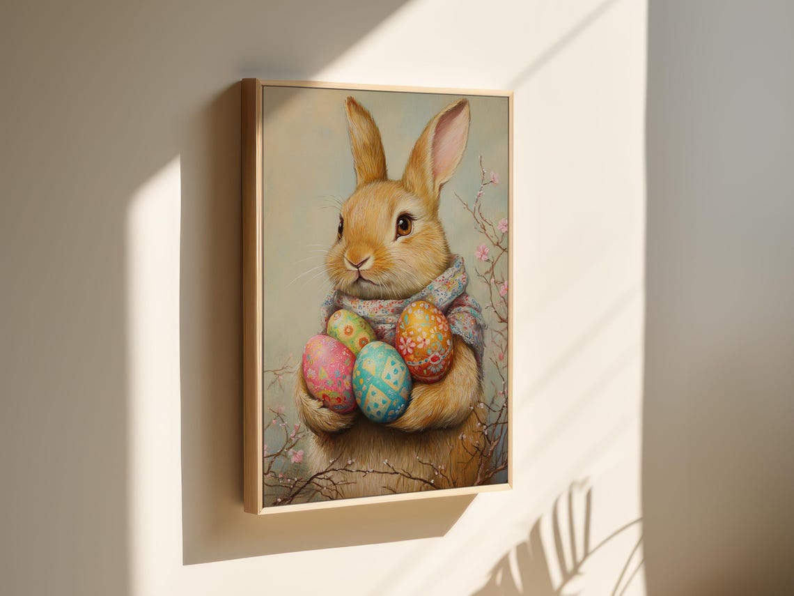 Golden Bunny Holding Painted Easter Eggs With Cherry Blossoms Wall Art - Image 5