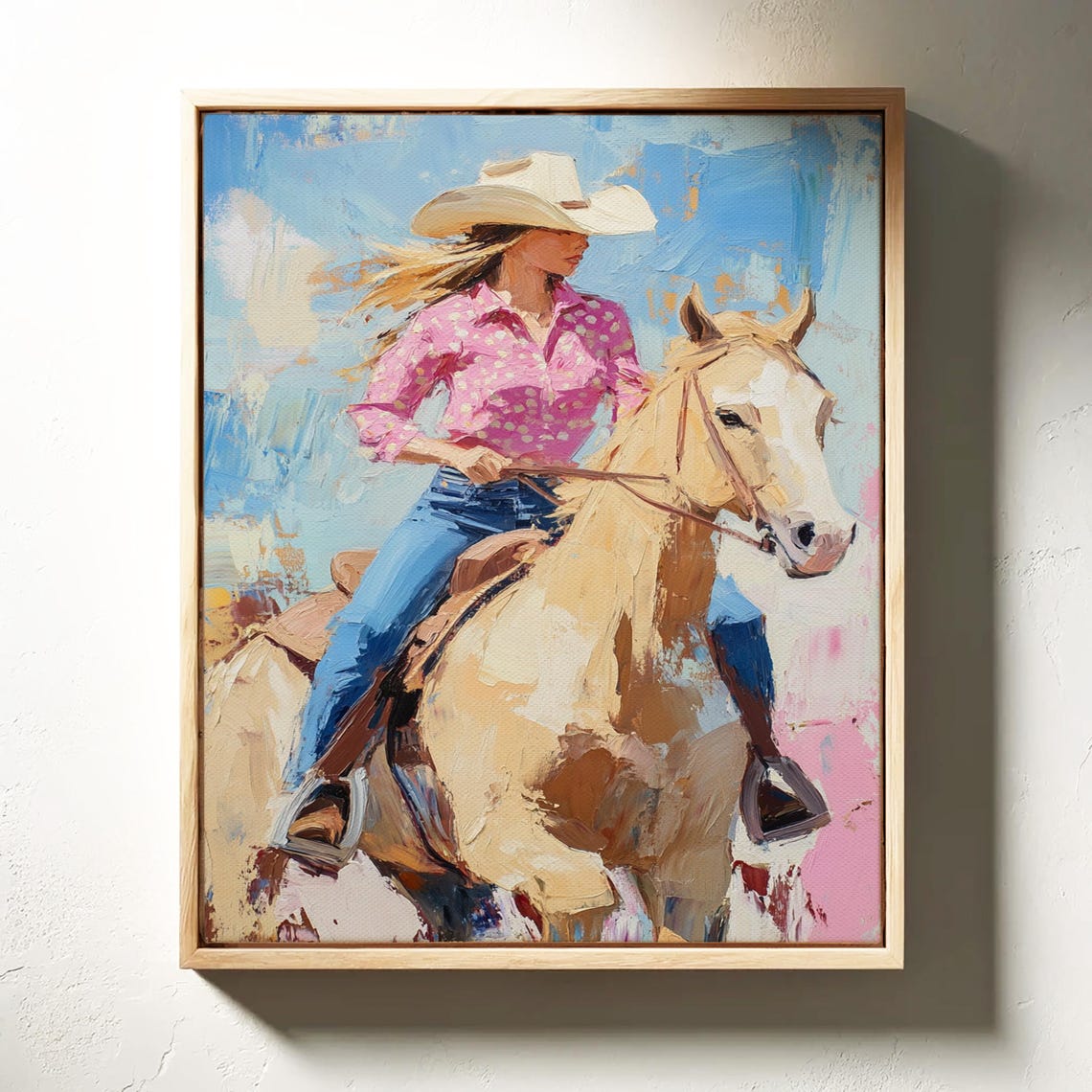 Western Cowgirl Art Bold Acrylic Painting Of Woman On Horse With Pink Shirt Rustic Ranch Decor For Country Style Homes - Image 4