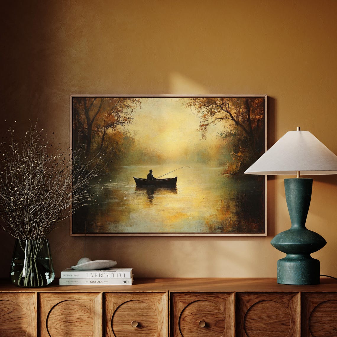 Fisherman in a Boat on an Autumn Lake with Sun Rays Tranquil Poster - Image 4
