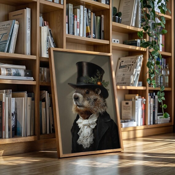 Groundhog Victorian Gentleman Top Hat Portrait Oil Painting Poster