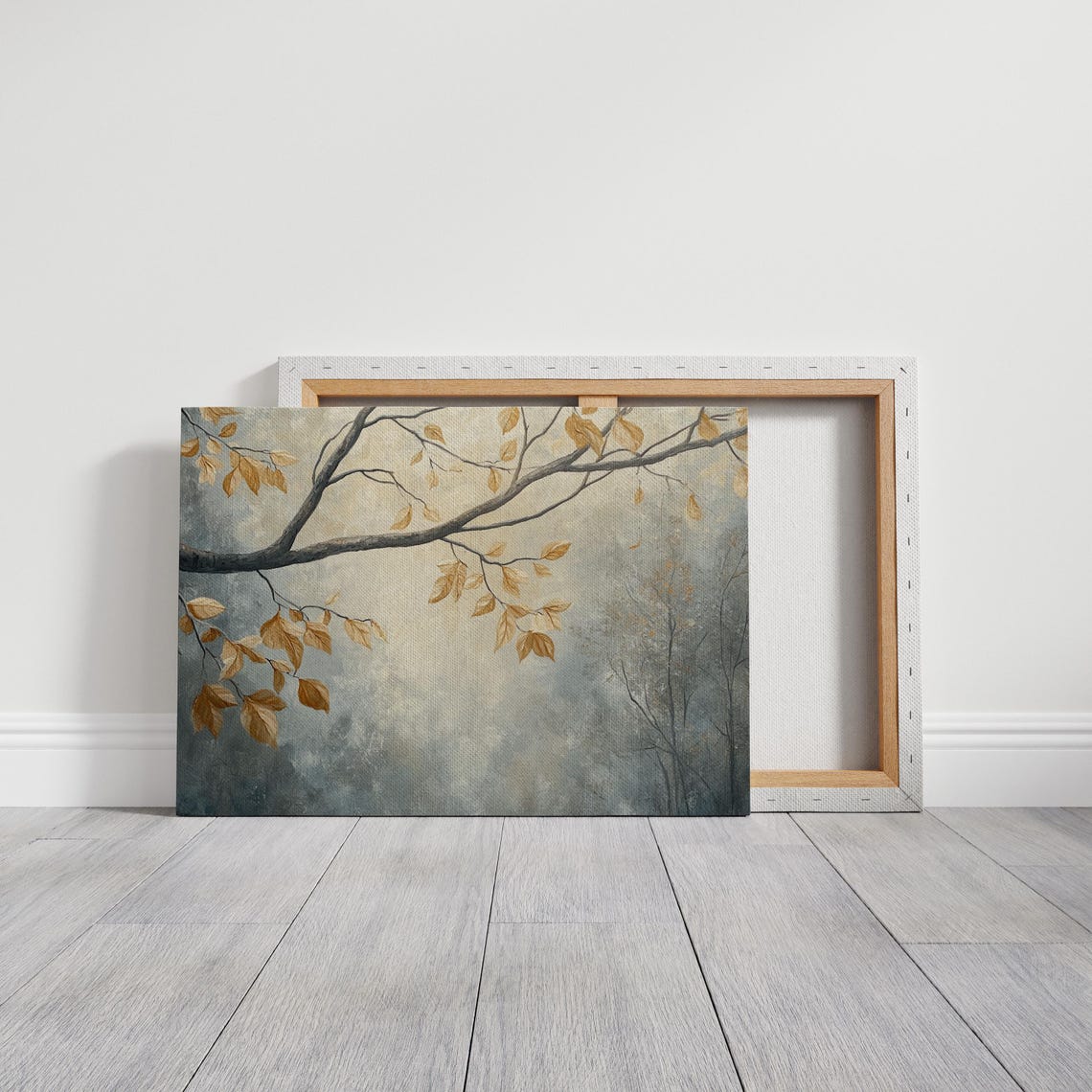 Minimalist Autumn Tree Branch Golden Leaves Misty Neutral Art Poster - Image 2