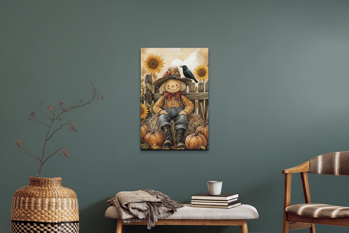Smiling Scarecrow Boy on Hay Bales With Crow Sunflowers and Pumpkins Poster - Image 4
