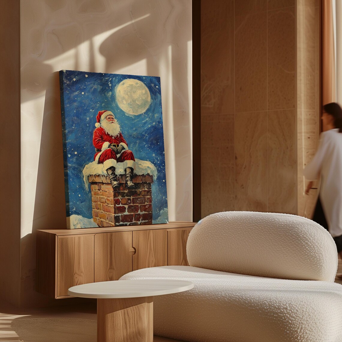 Santa Claus Sitting on a Snowy Chimney Under a Full Moon Christmas Poster - Image 7