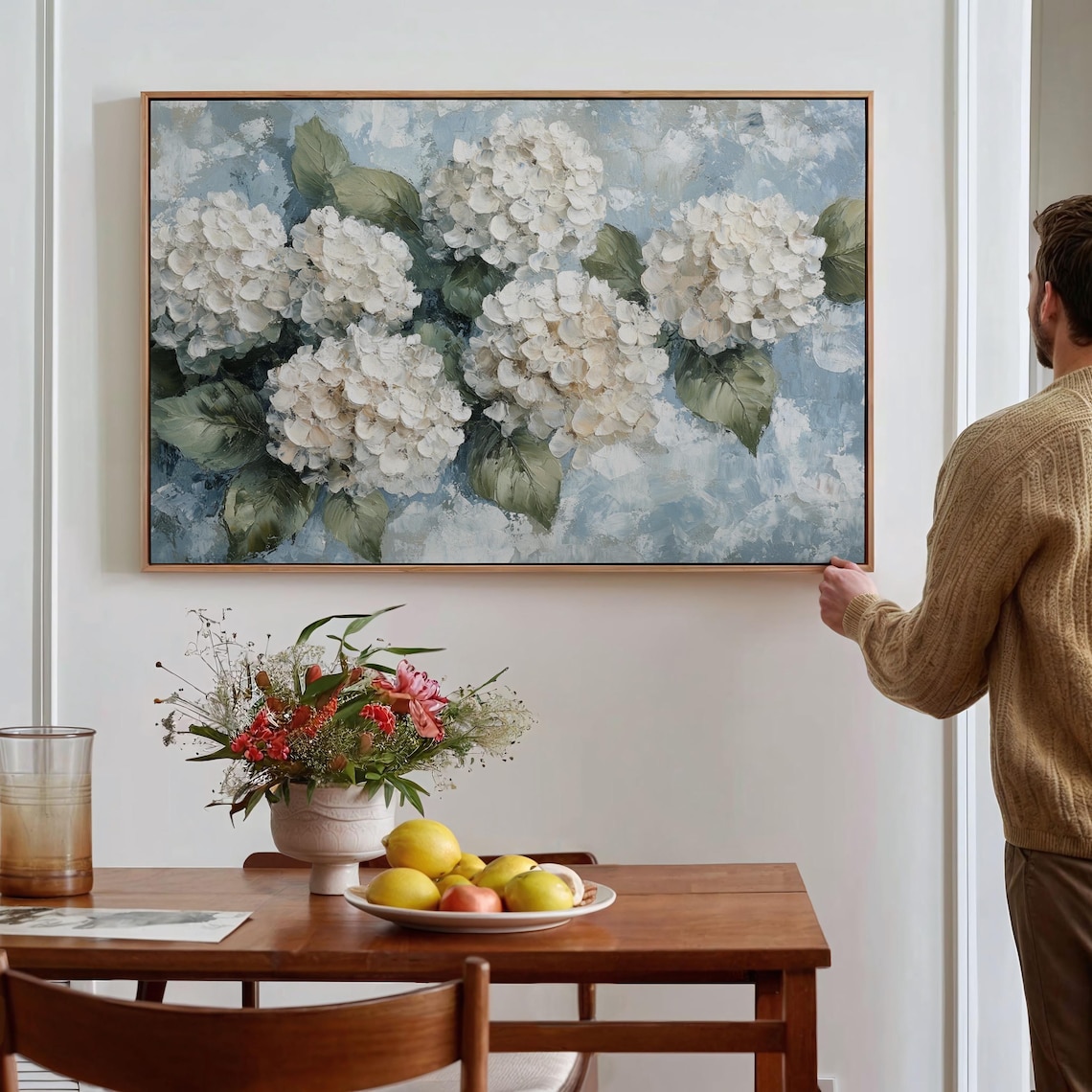 White Hydrangeas Textured Floral Art Print, Botanical