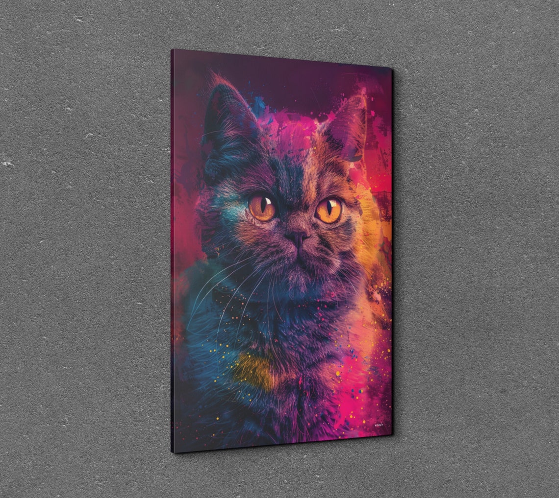 Cat Portrait with Neon Magenta and Orange Paint Splashes Wall Art - Image 7