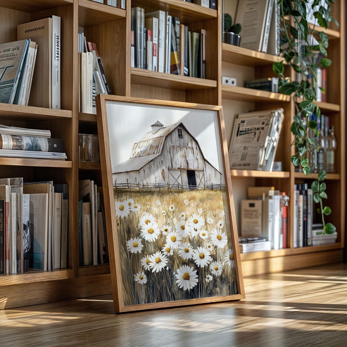 White Barn Daisy Field Rustic Farmhouse Floral Meadow Art Poster