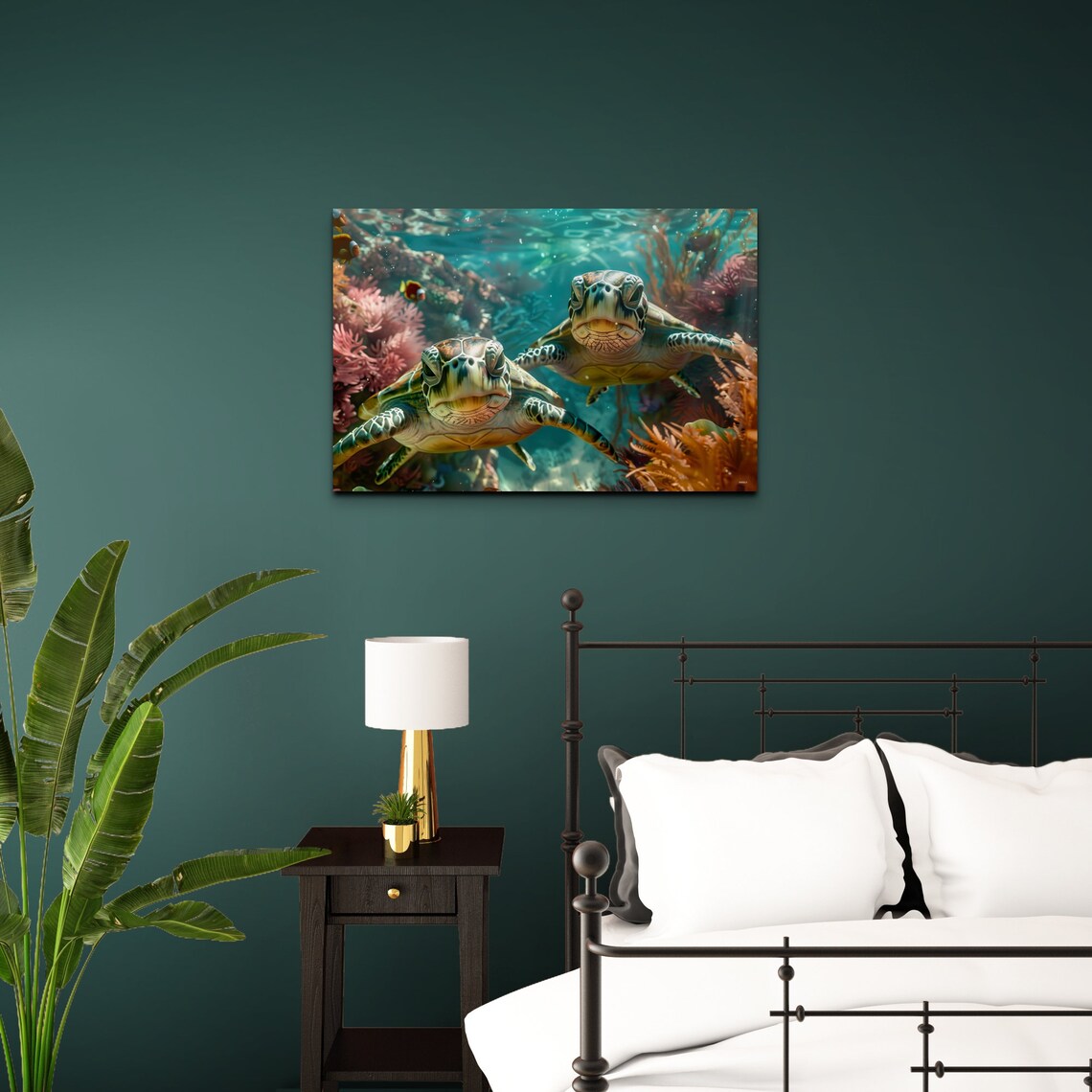 Two Sea Turtles Swimming Underwater Among Coral Reef Colors Wall Art - Image 6