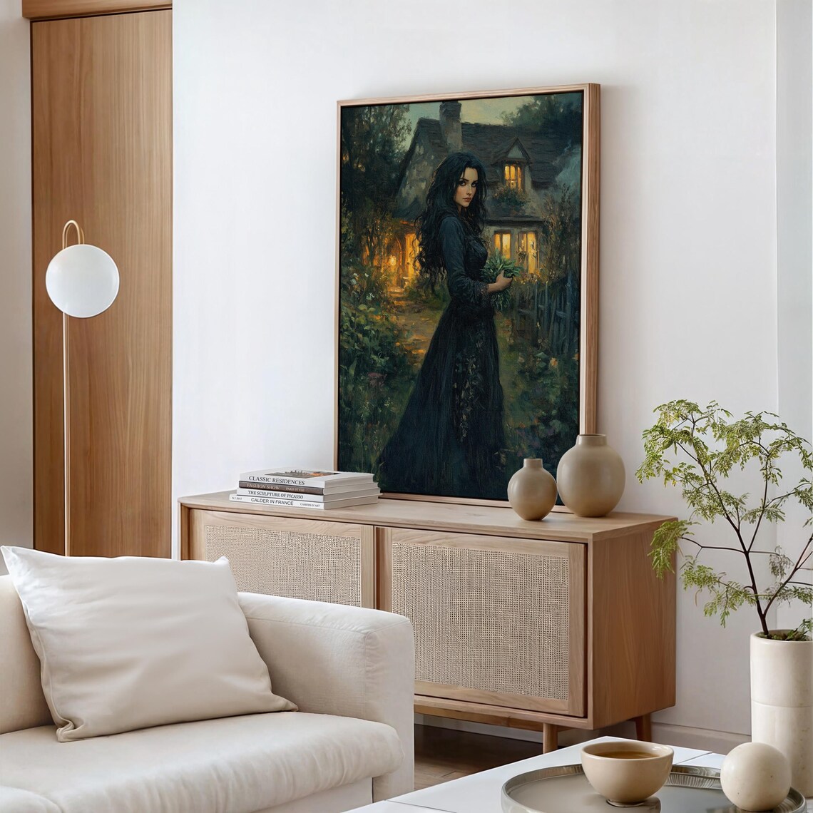 Elegant Woman in Black Gown Outside a Lit Cottage at Night Poster - Image 3