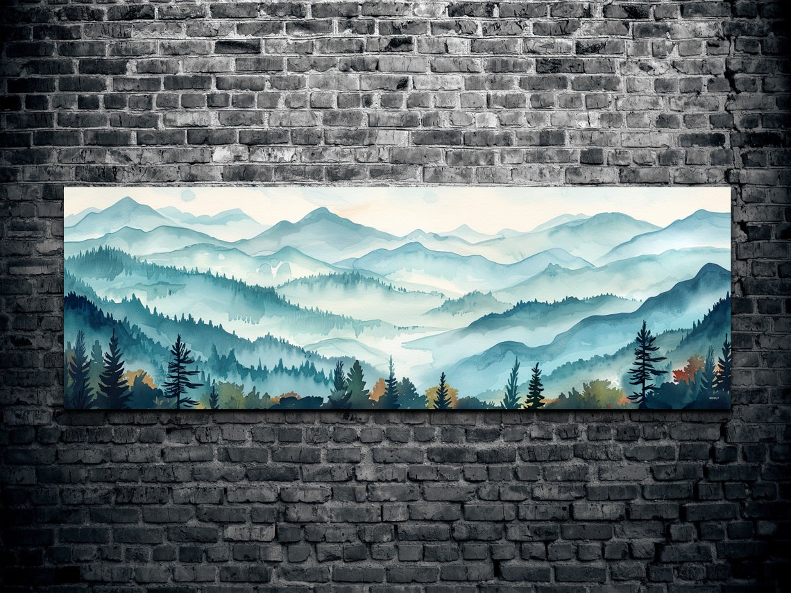 Teal Watercolor Mountain Valley Panorama Serene Landscape Poster - Image 2