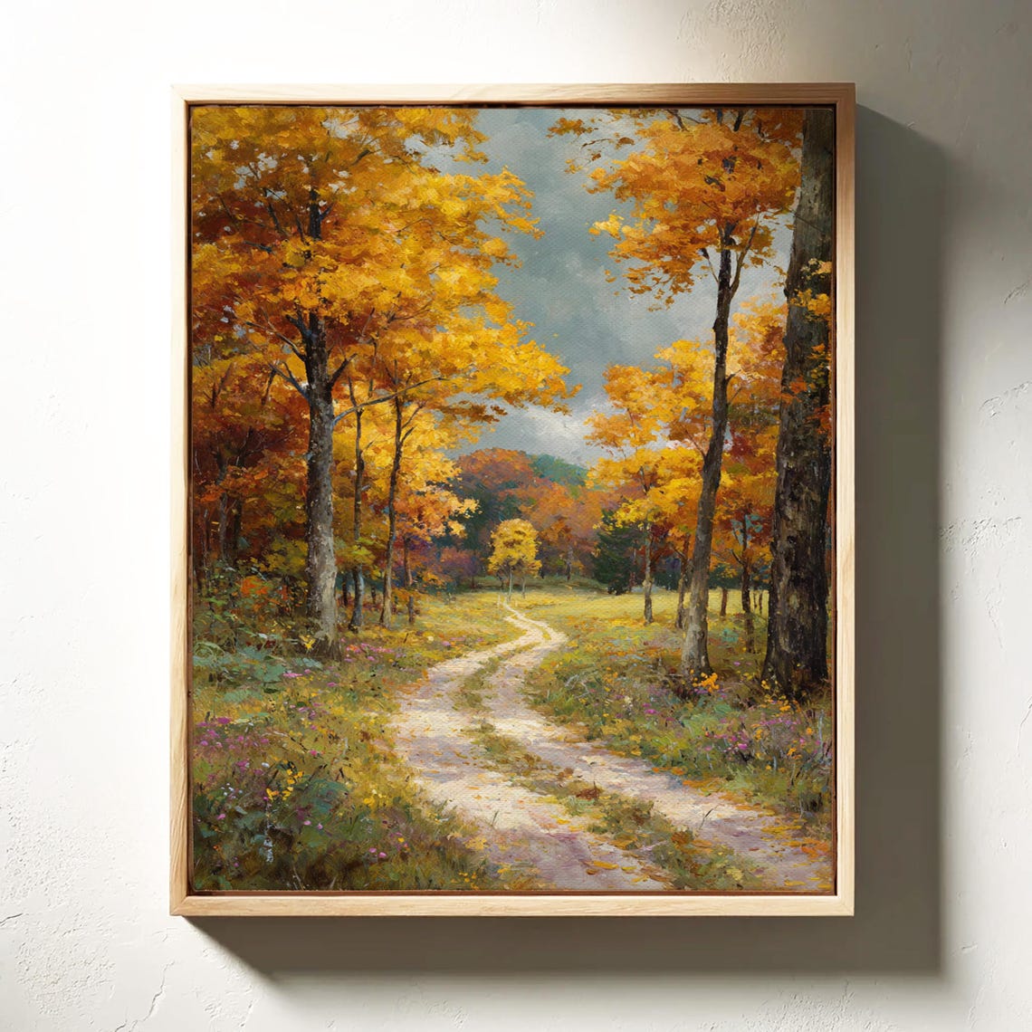Winding Dirt Path Through Golden Autumn Forest Tall Trees Poster