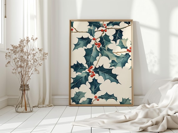 Christmas Holly Watercolor Red Berries Botanical Holiday Art Poster