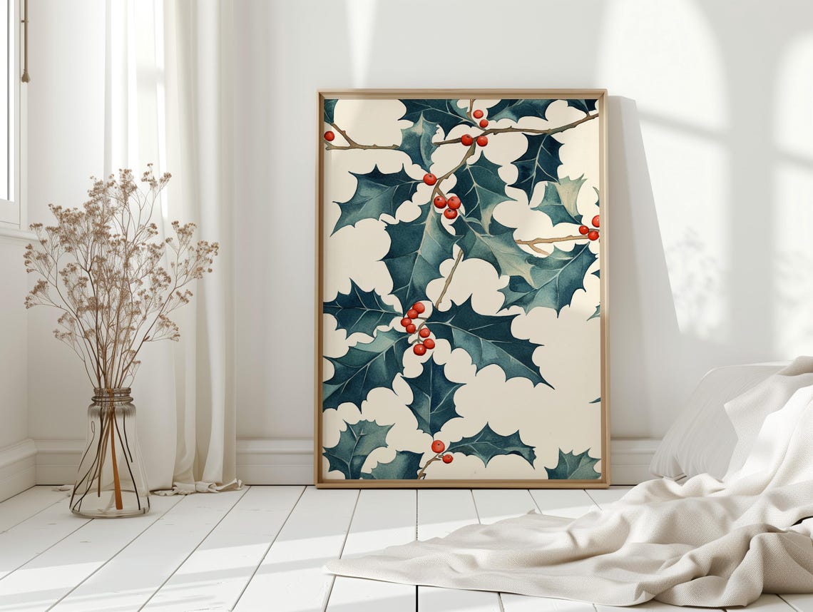 Christmas Holly Watercolor Red Berries Botanical Holiday Art Poster