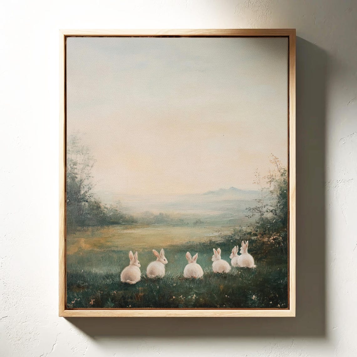 Five White Rabbits Facing Misty Meadow At Dawn Farmhouse Poster - Image 7