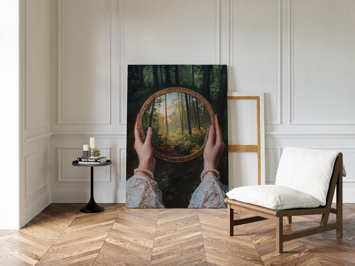 Hands Holding Antique Gold Mirror With Sunlit Forest View Poster - Image 4