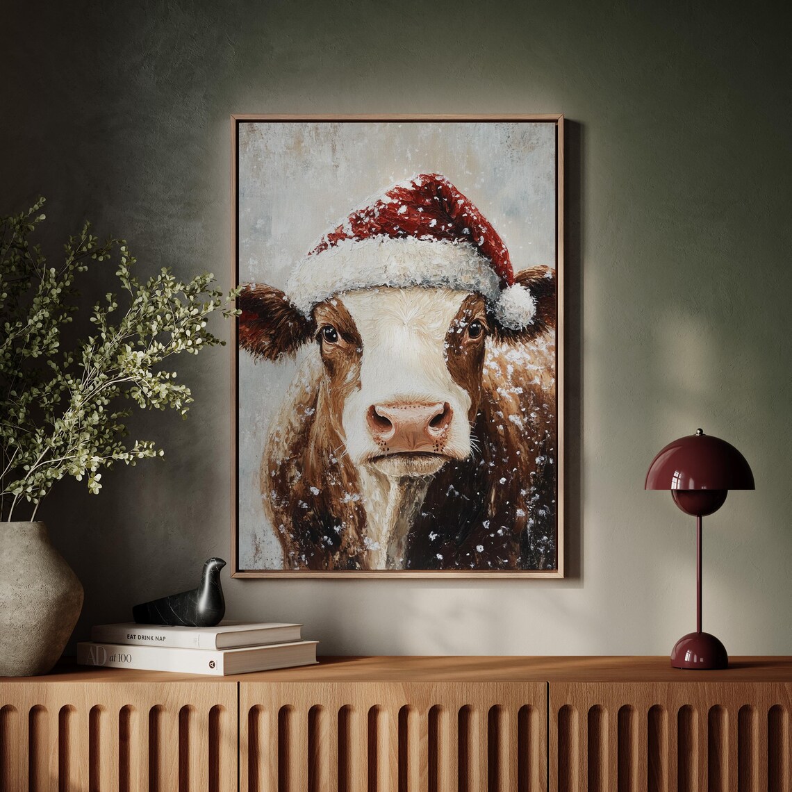 Cute Cow Wearing a Snowy Santa Hat in a Cozy Christmas Animal Poster - Image 4