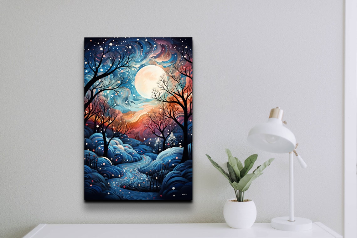 Starry Winter Night Full Moon Snowy Hills Whimsical Art Poster - Image 3